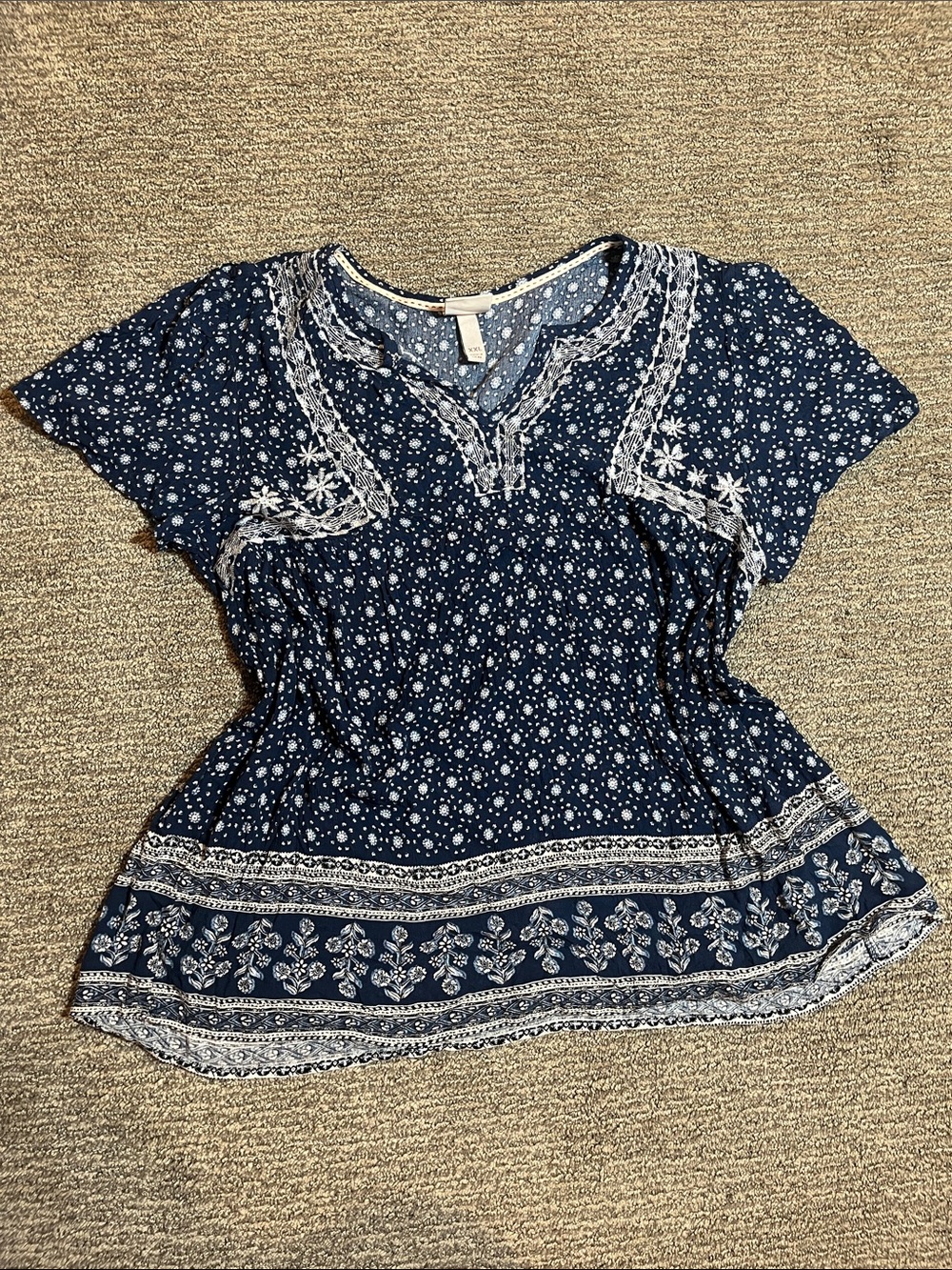 Knox Rose Navy and White Boho Embroidered Tunic Top